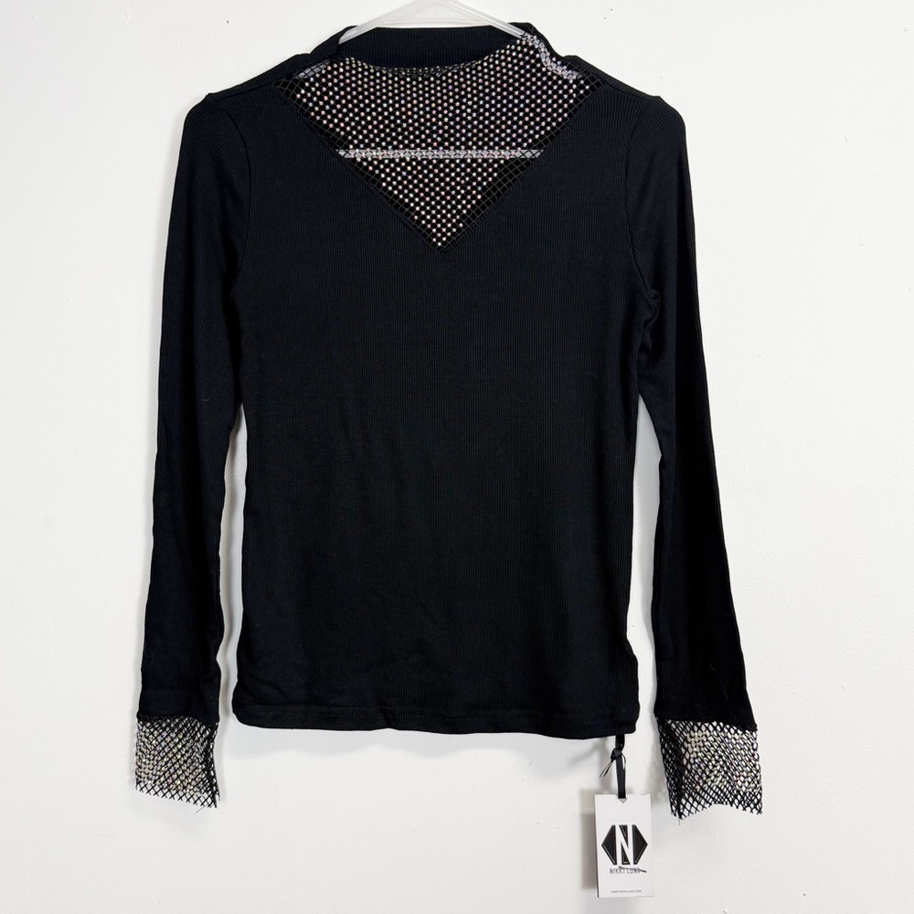 Nikki Lund Shirt Womens Small Black Long Sleeve Tee Stretch Rhinestone NWT